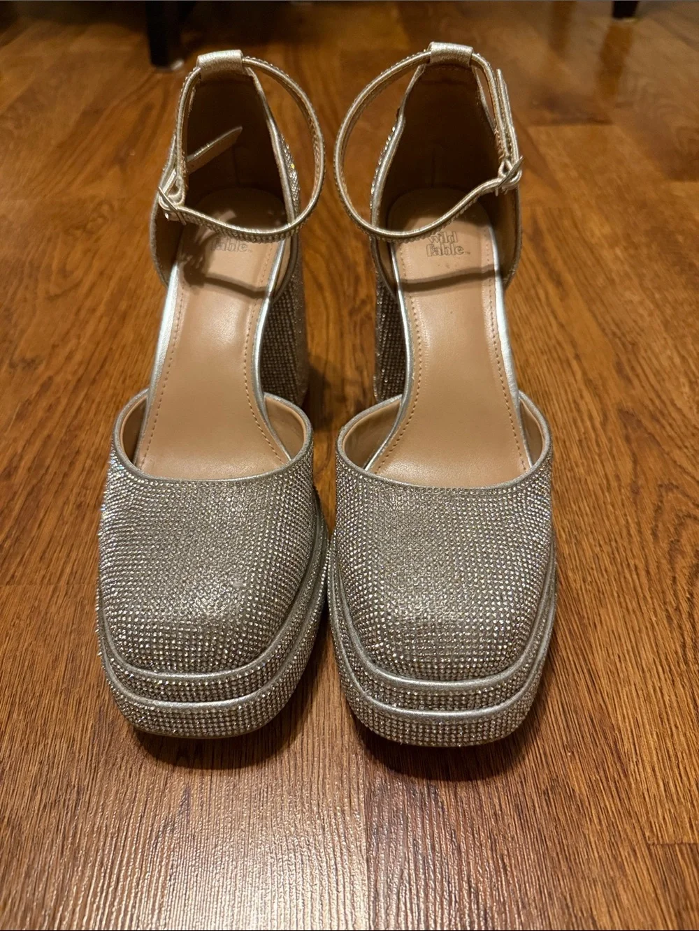 Glitter Platform Ankle-Strap Heels in Silver